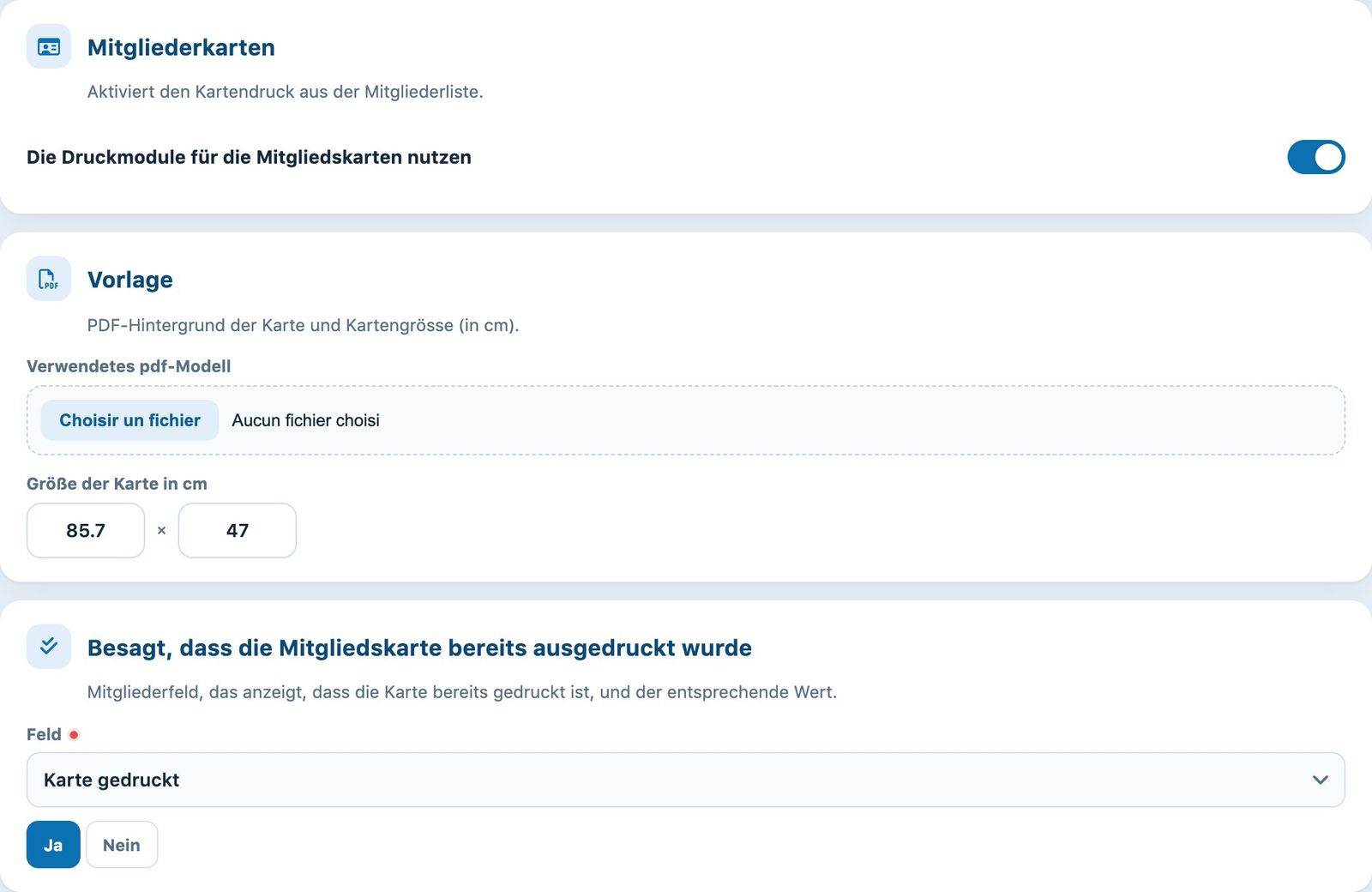 Aktiviertes Modul, PDF-Vorlage und Feld «Karte gedruckt»