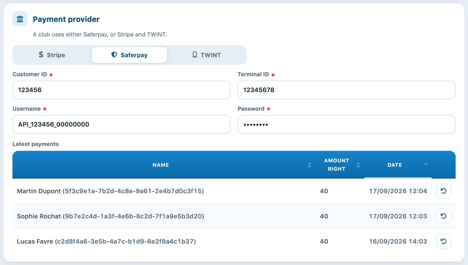 Saferpay tab with the list of latest payments