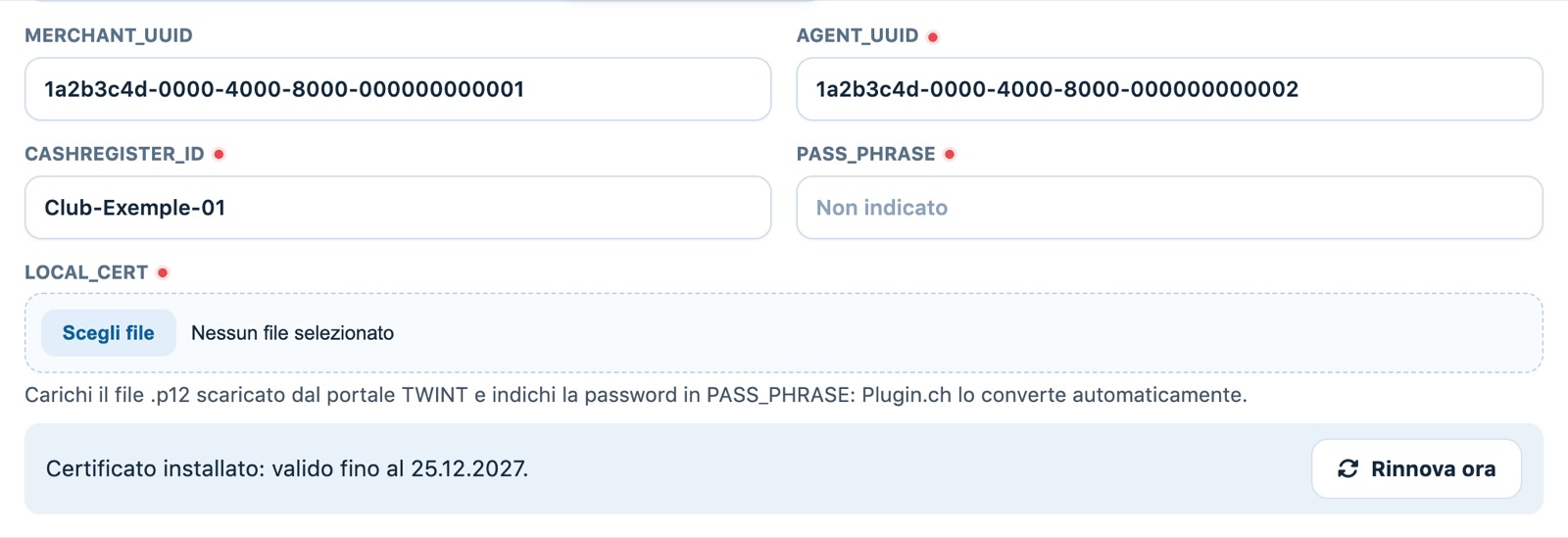 Scheda TWINT con la validità del certificato