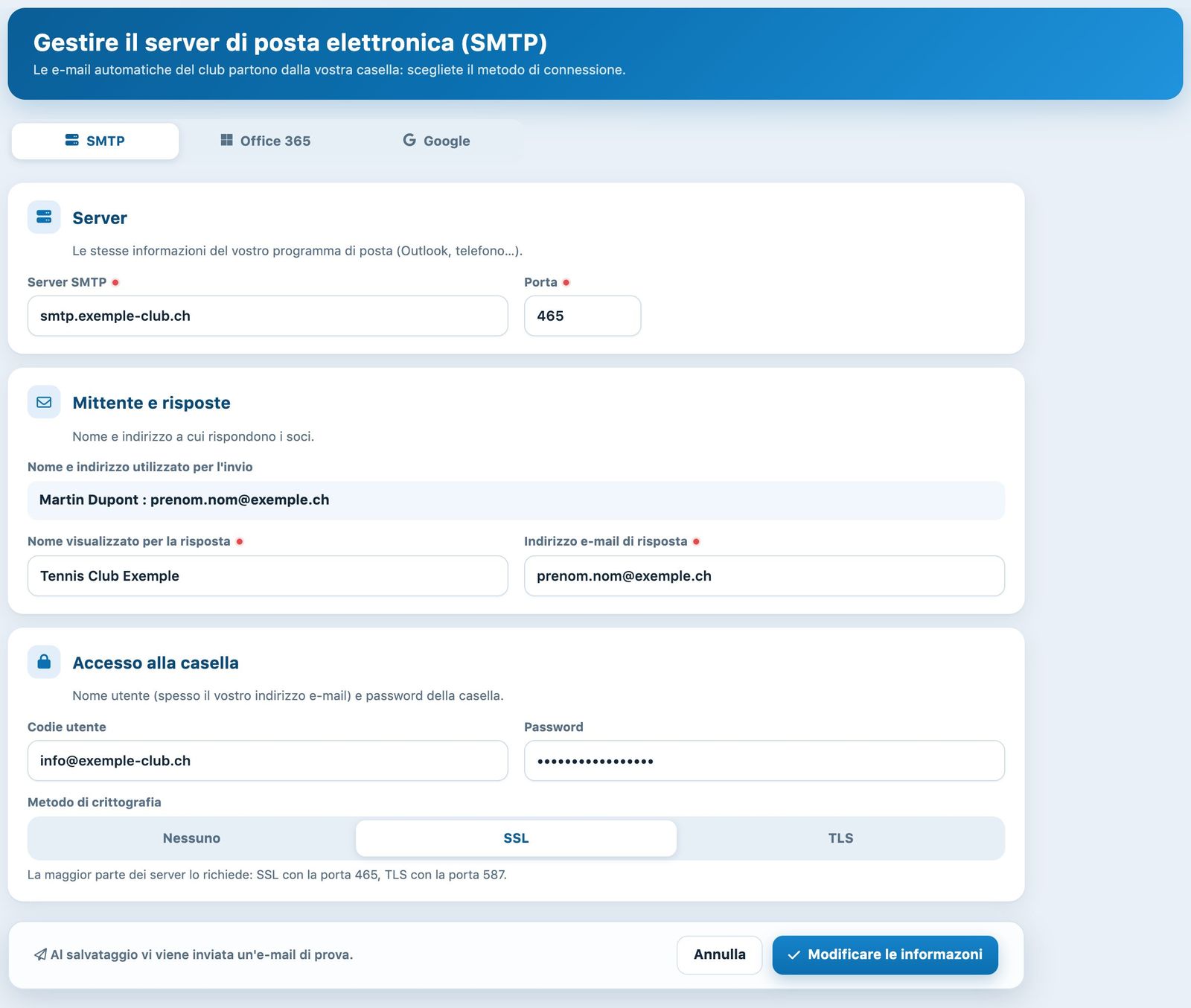 Scheda SMTP della pagina di invio delle e-mail