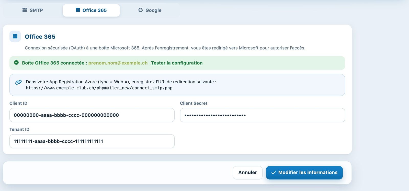 Onglet Office 365 avec une boîte connectée