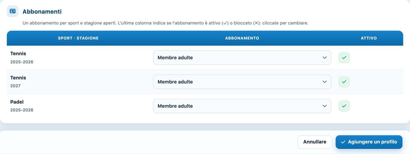 La sezione Abbonamenti e il pulsante Aggiungere una persona