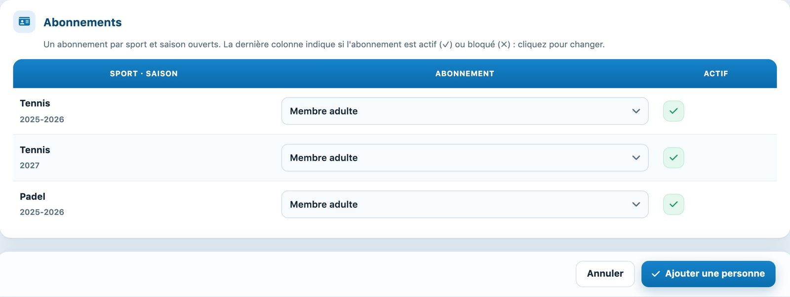 La section Abonnements et le bouton Ajouter une personne