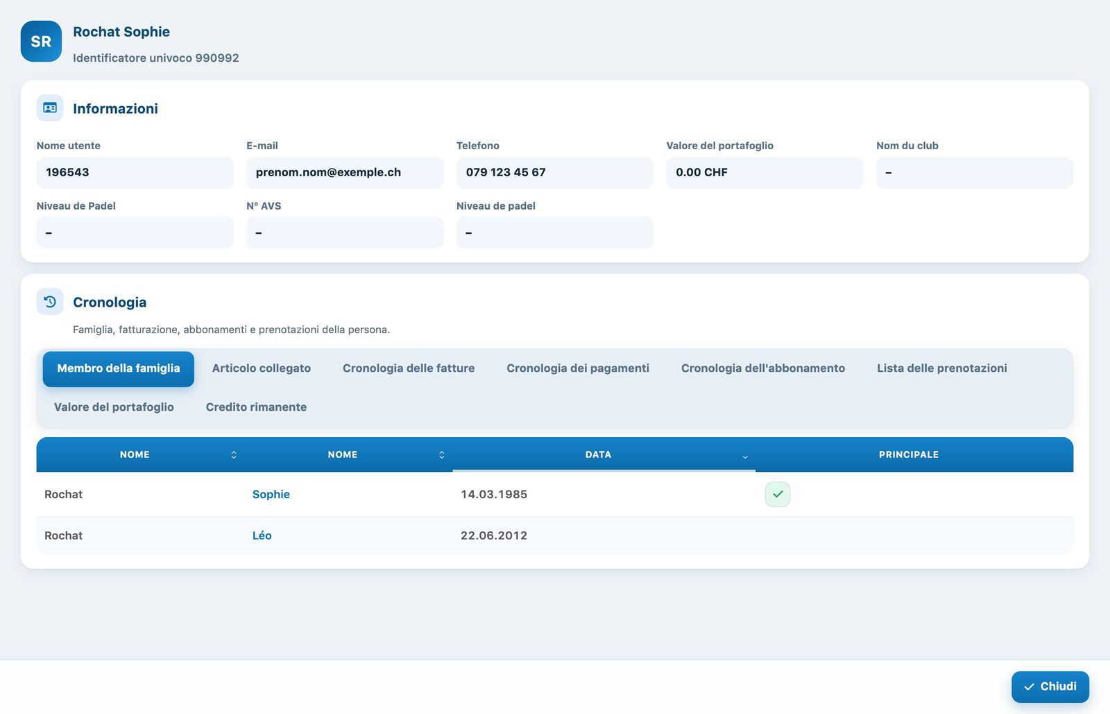 La scheda di un socio con le sue informazioni e la cronologia