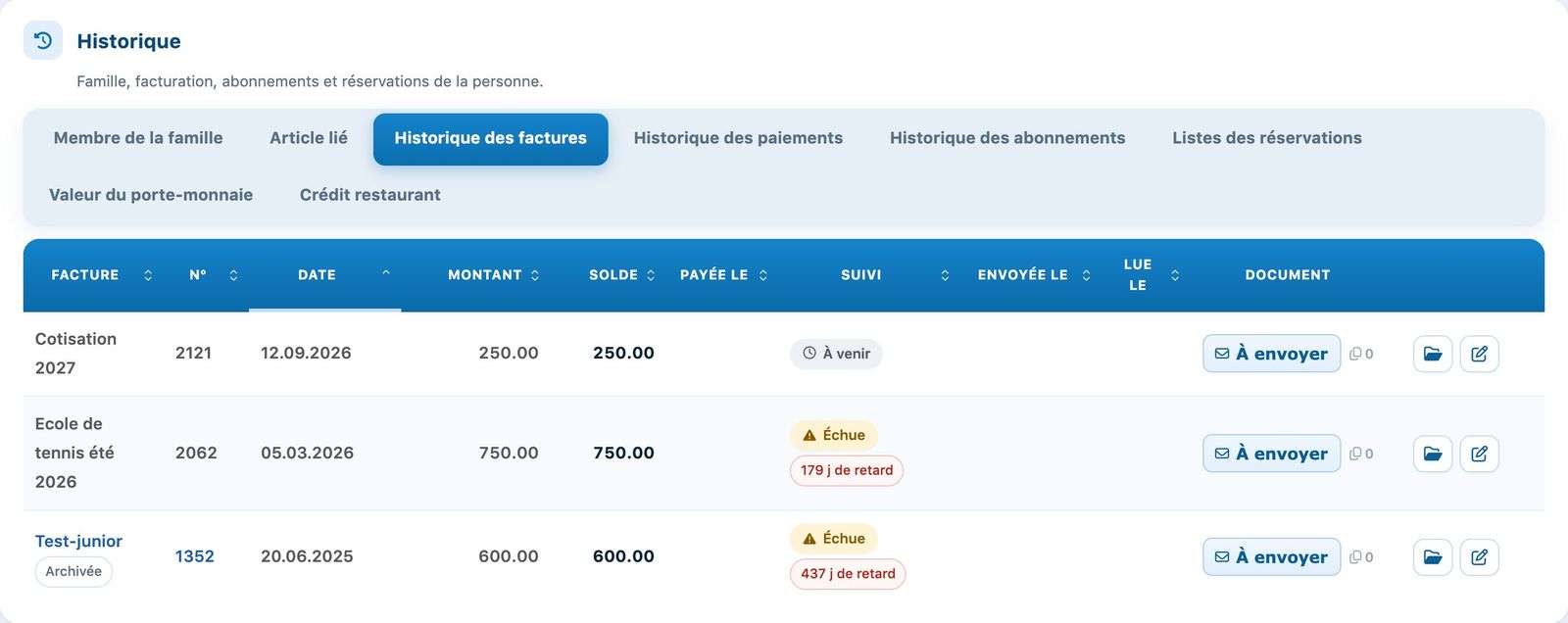L'onglet Historique des factures