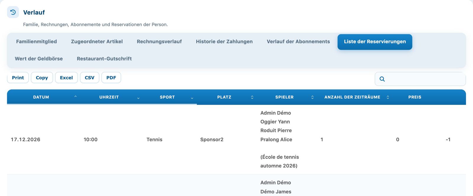 Das Register Liste der Reservierungen