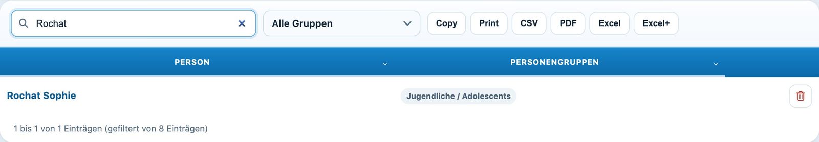 Suche nach einem Mitglied und Papierkorb Aus der Gruppe entfernen