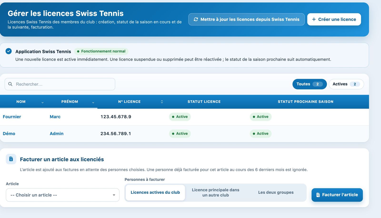 La page des licences Swiss Tennis