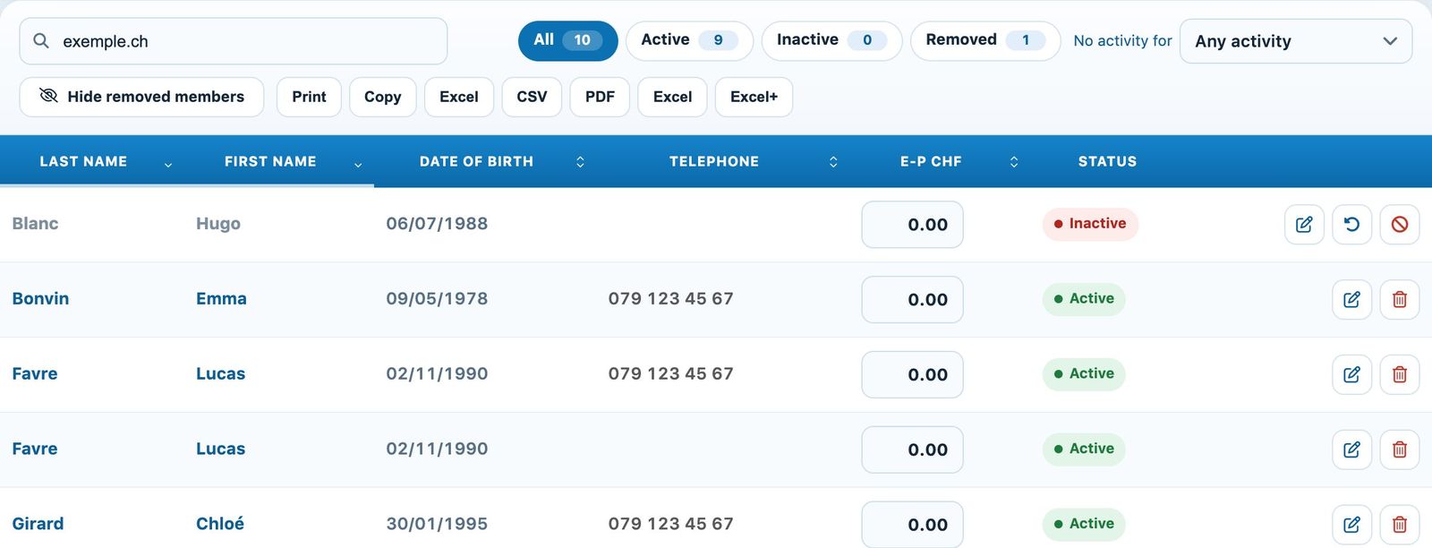 A removed member, with the Restore to members and Delete permanently buttons
