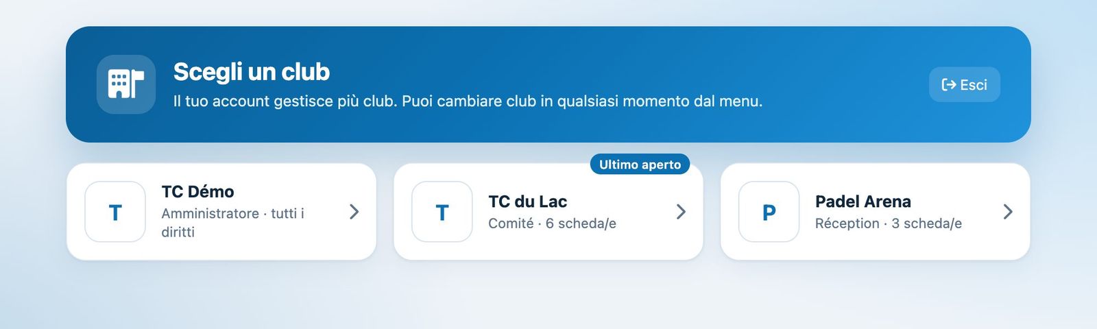 Schermata di scelta del club