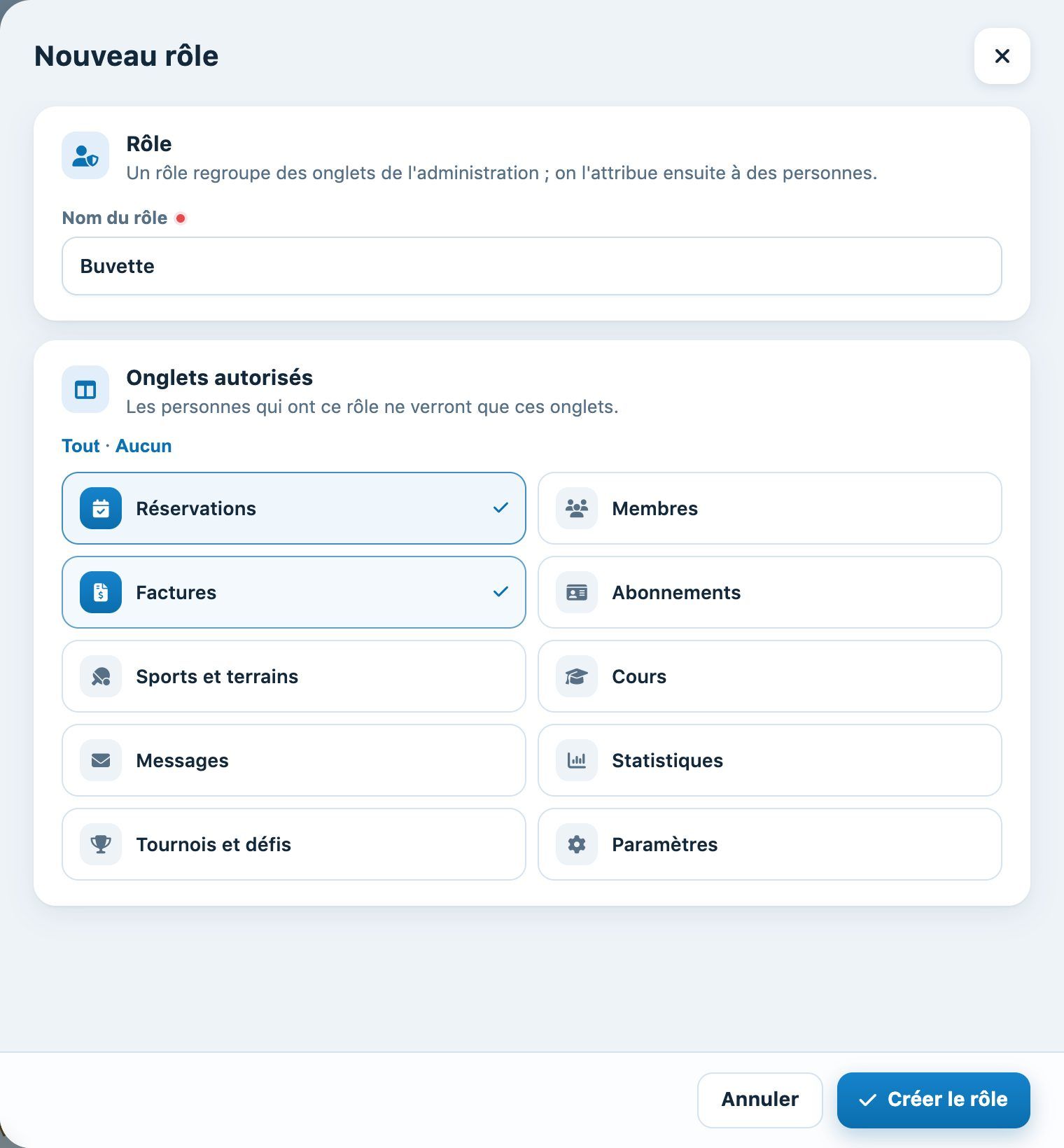 Panneau Nouveau rôle