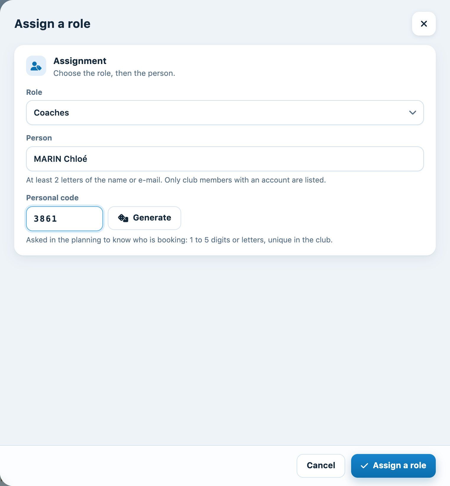 Assign a role panel