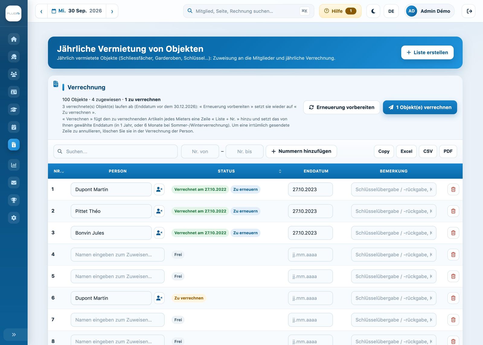 Die Liste der Schliessfächer mit dem Verrechnungsbanner und dem Status jedes Objekts