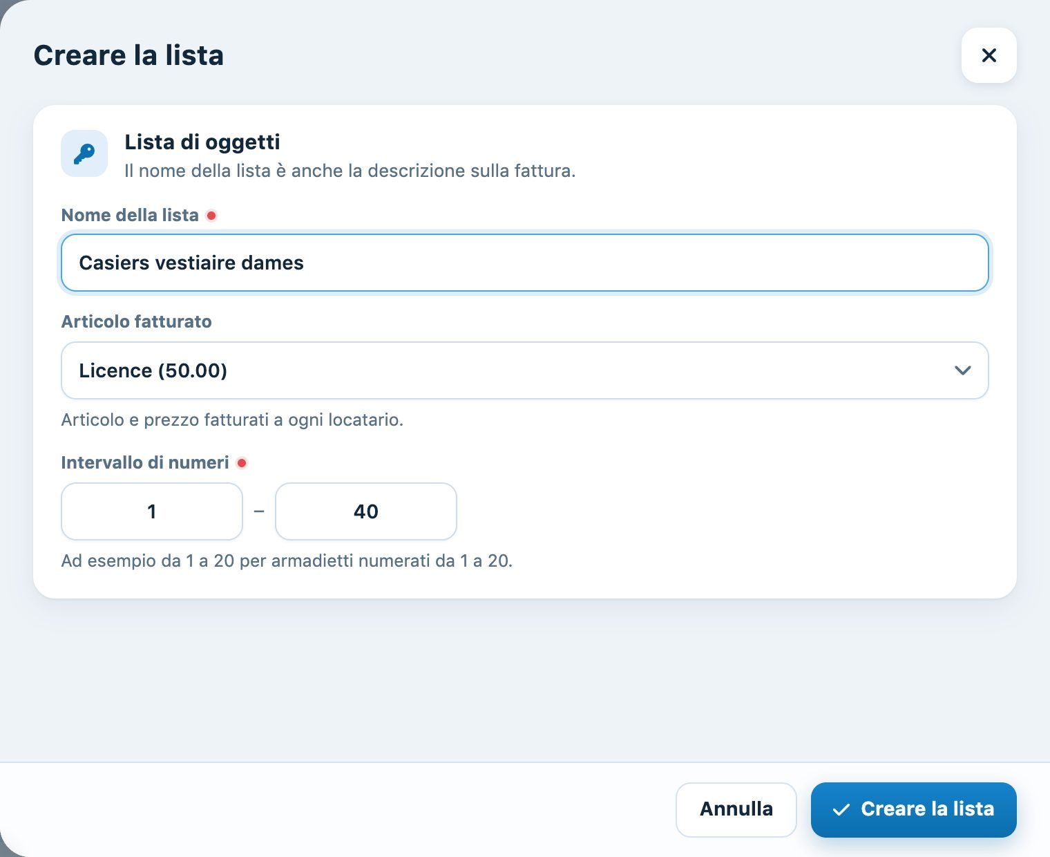 Il pannello «Creare la lista»