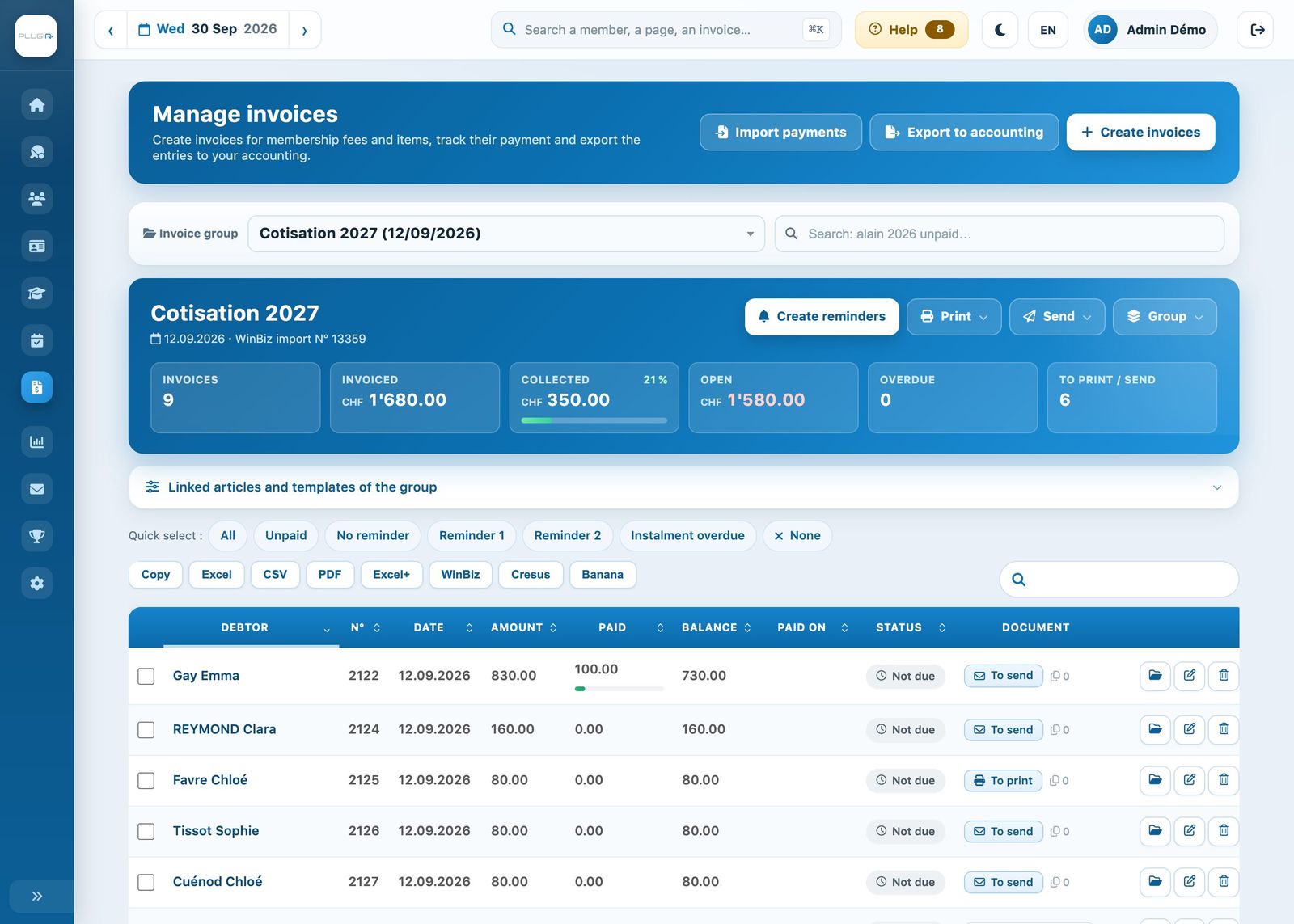 The “Manage invoices” page with a group open