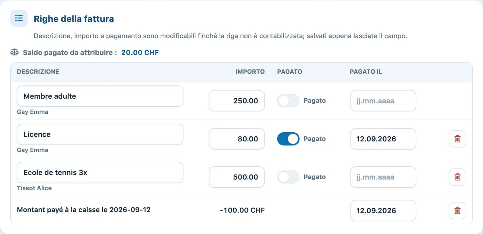 Aggiungere un articolo o uno sconto a una fattura