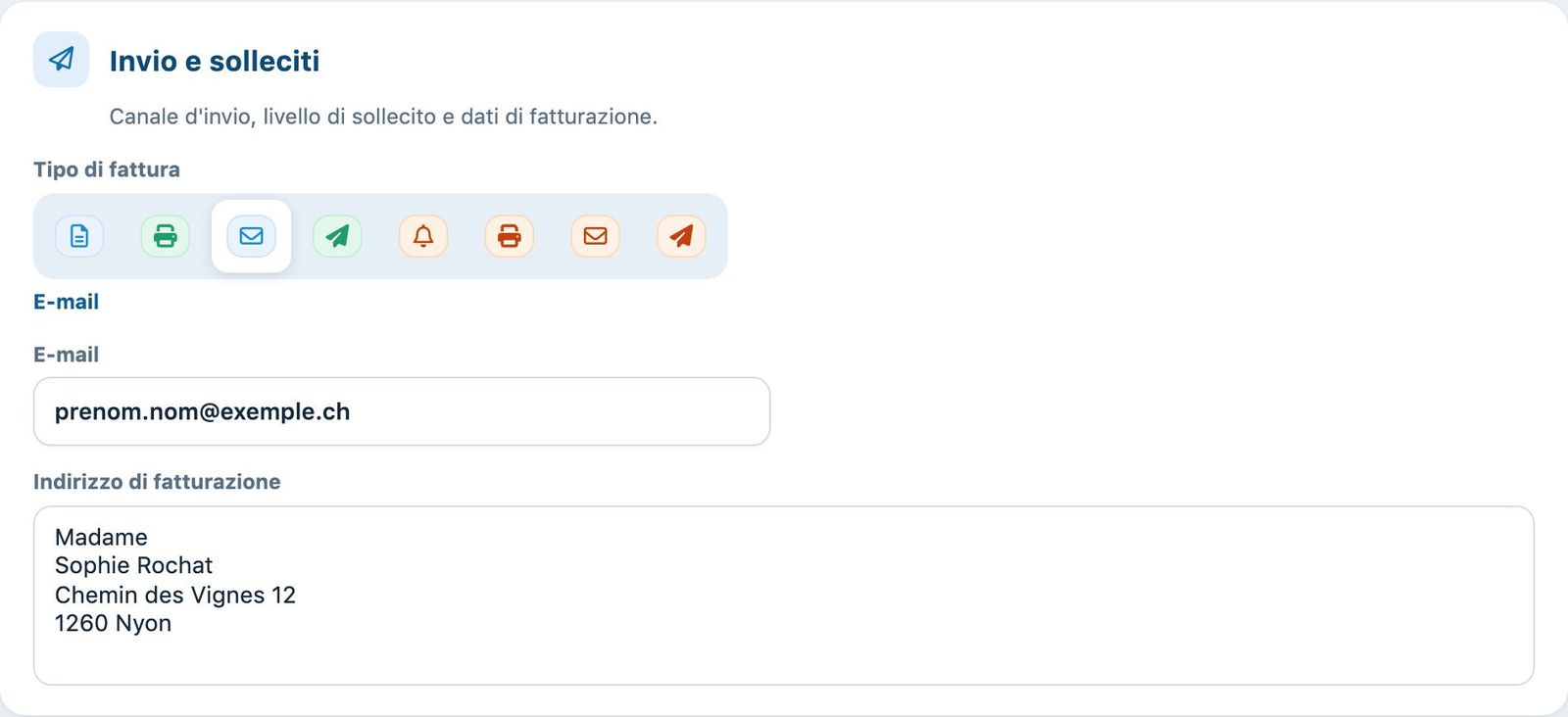 Il tipo di fattura, l'indirizzo e-mail e l'indirizzo di fatturazione