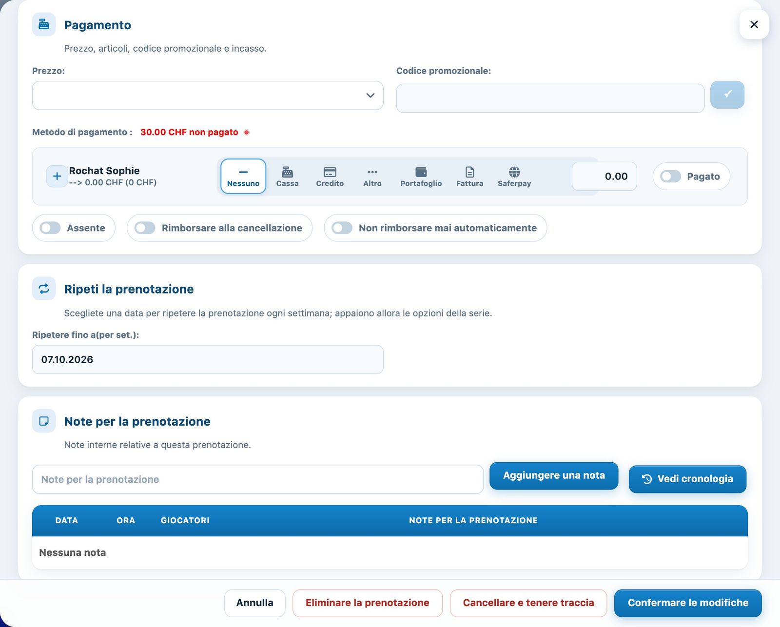 Parte Pagamento di una prenotazione esistente