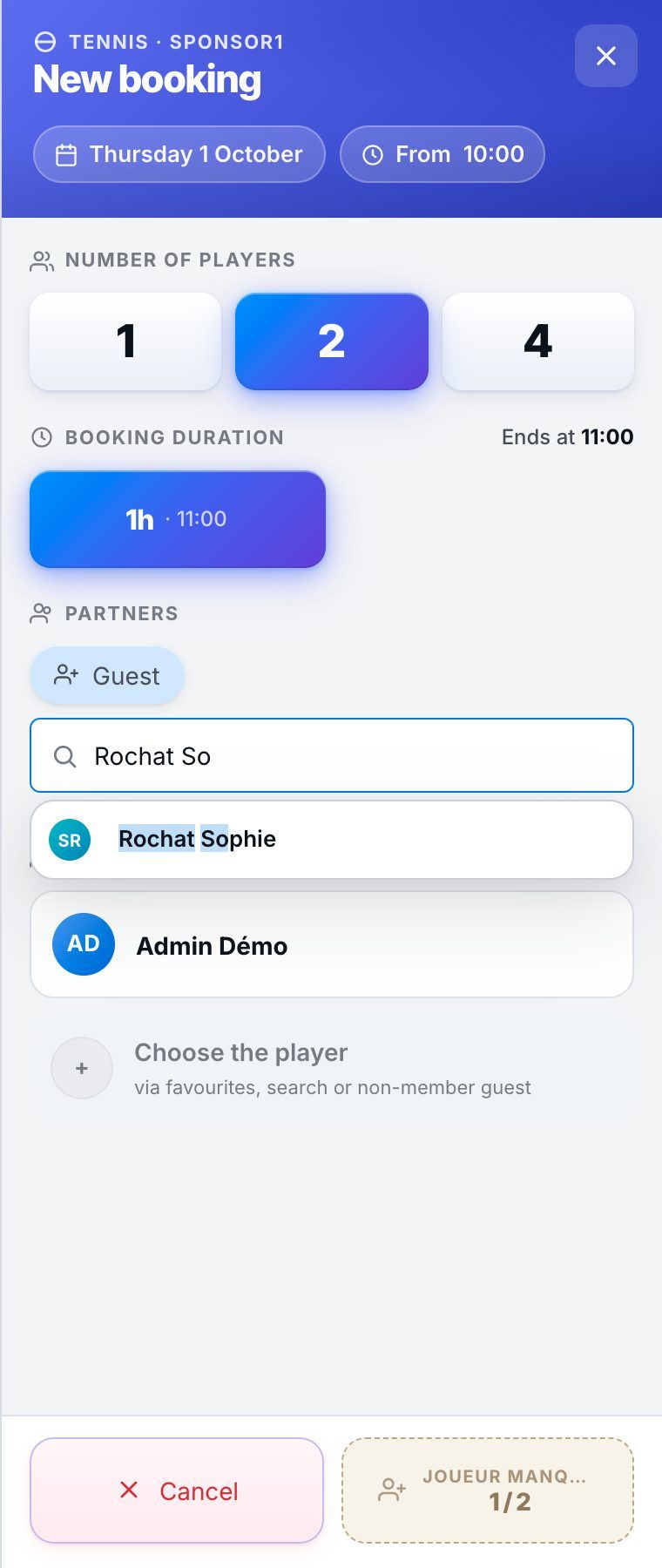 The New booking panel: choosing the partner