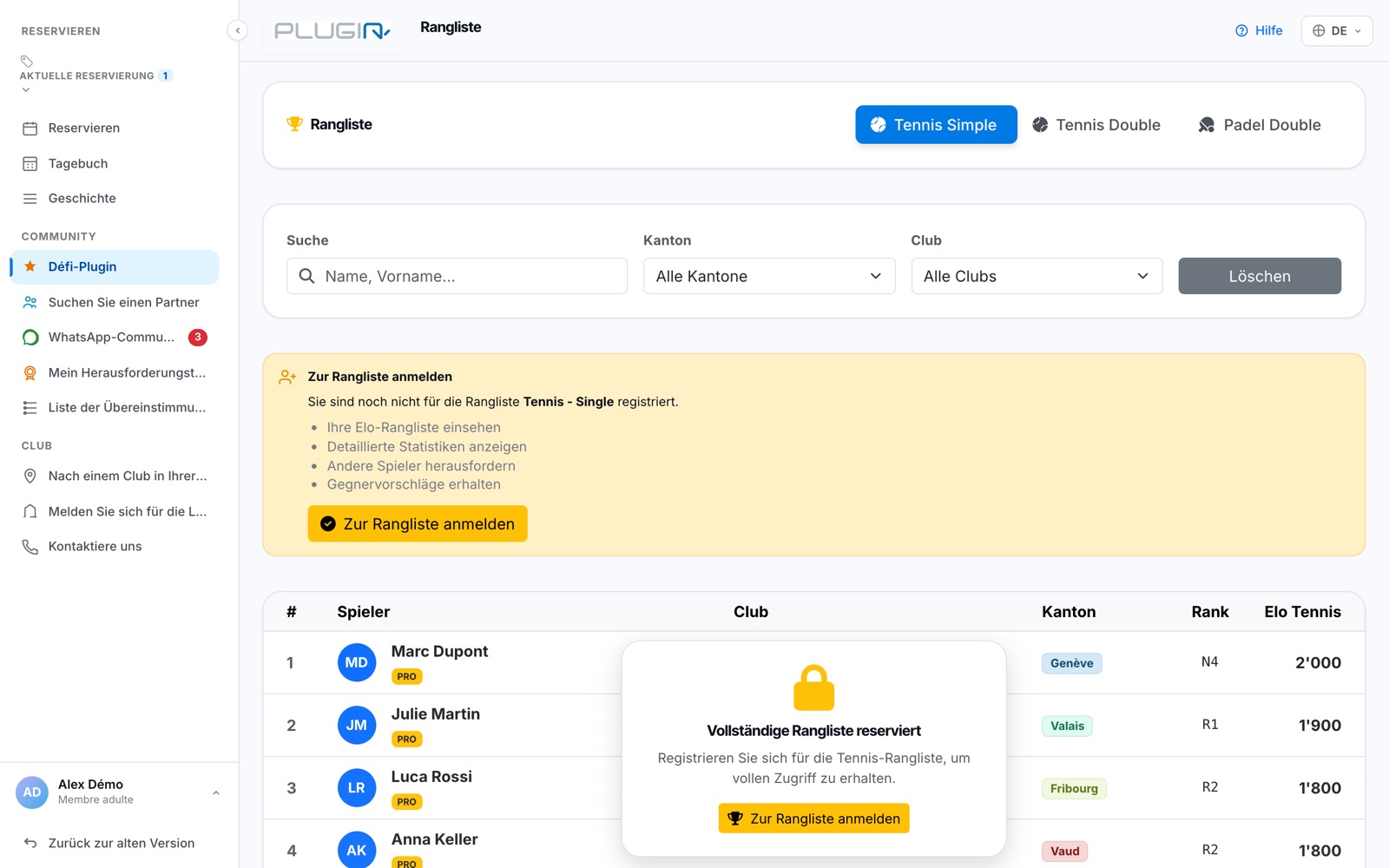 Die Rangliste des Défi-Plugin